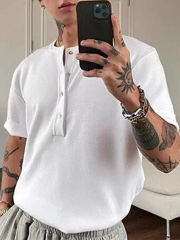 AIDASE  -  Knitting Solid Color Short Sleeve T Shirt Summer New Casual Buttoned Textured Men T-shirts Fashionable Mens Henley Neck Shirts aidase-shop